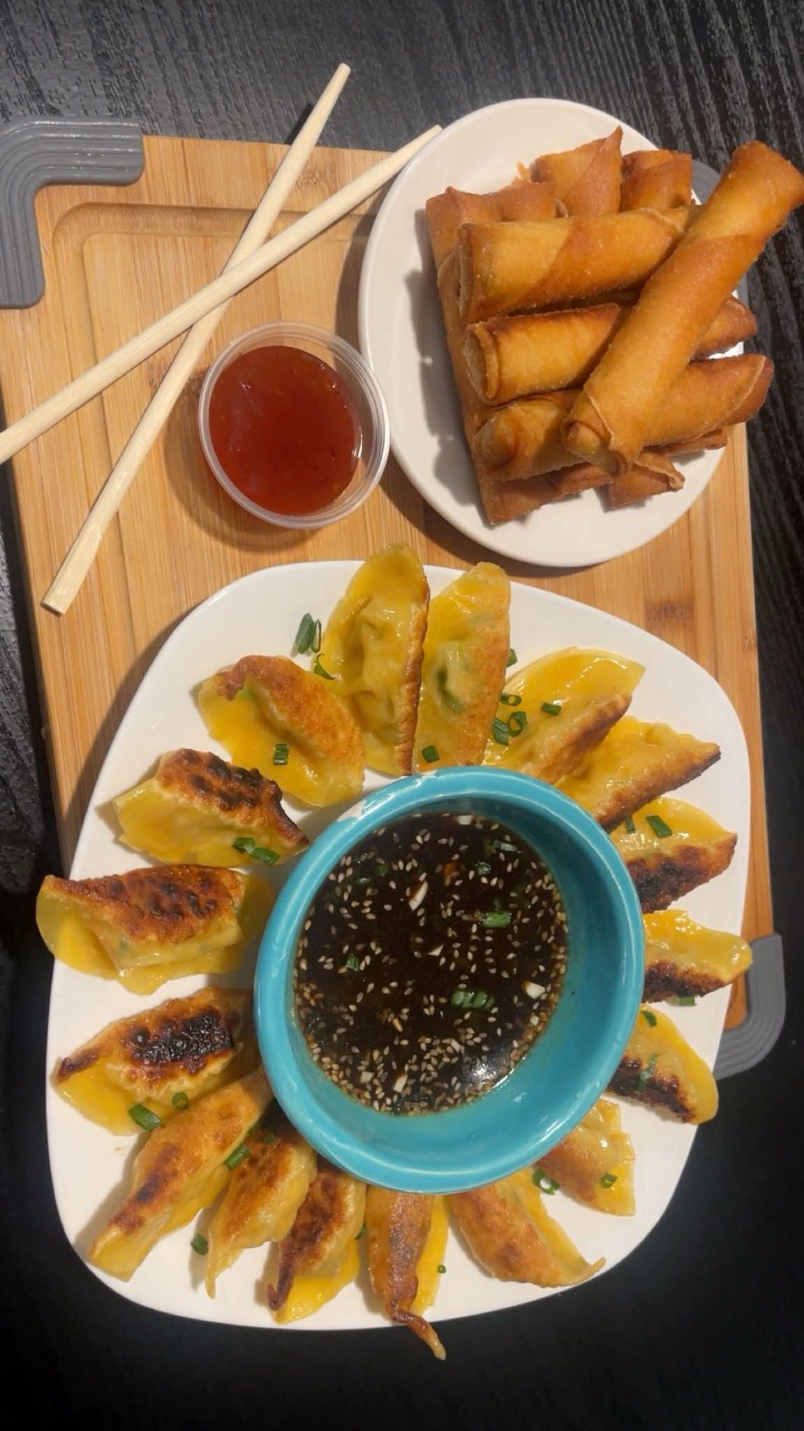 Golden dumplings and Gold Rolls with dipping sauces